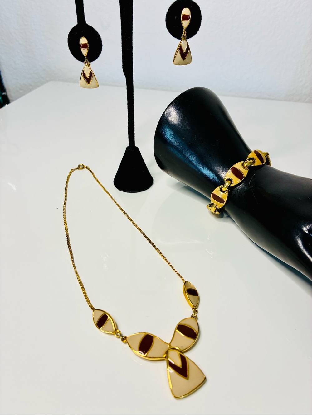 Thailand- Gold Tone Necklace, Bracelet & Earring Set with Brown and Cream Enamel